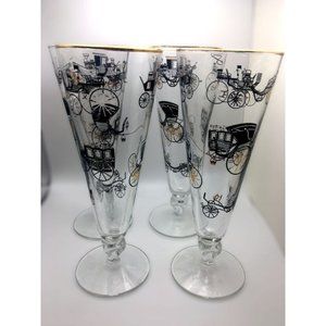 Vintage Antique Carriage Stagecoach Cars Beer Glasses Mid Century Set of 4